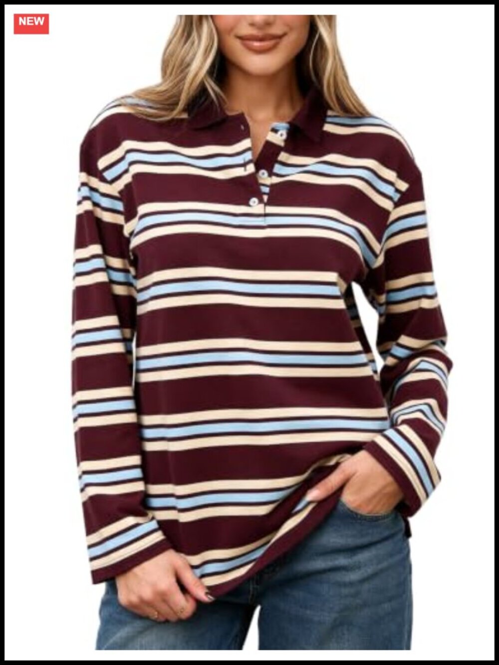Women's Striped Rugby Polo Shirt Long Sleeve Pullover Top Cotton Blend